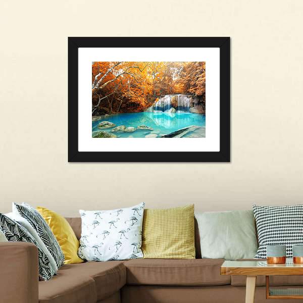 Erawan Waterfall In Autumn Canvas Wall Art-1 Piece-Framed Print-20" x 16"-Tiaracle