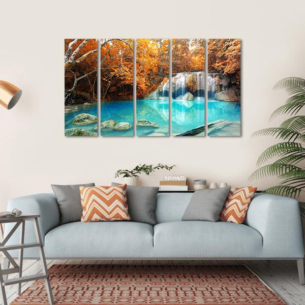Erawan Waterfall In Autumn Canvas Wall Art-5 Horizontal-Gallery Wrap-22" x 12"-Tiaracle