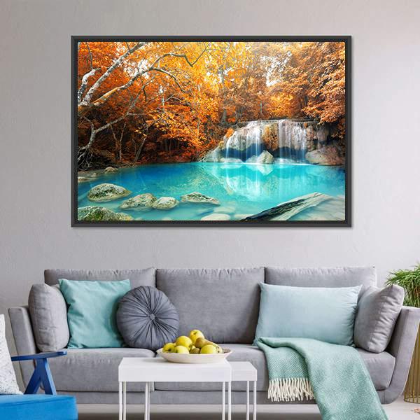 Erawan Waterfall In Autumn Canvas Wall Art-5 Horizontal-Gallery Wrap-22" x 12"-Tiaracle
