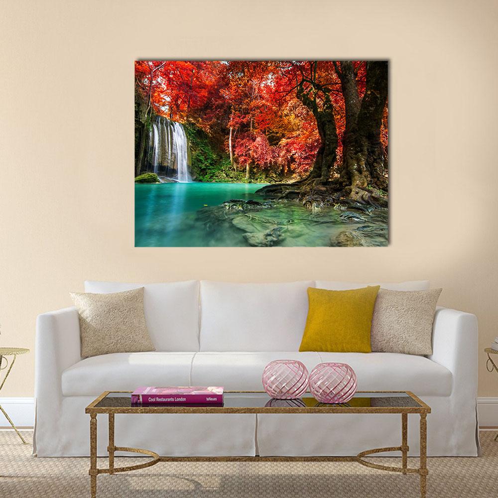 Erawan Autumn Waterfall with Turquoise Pool Canvas Wall Art in red, green and blue, single panel hung on a wall
