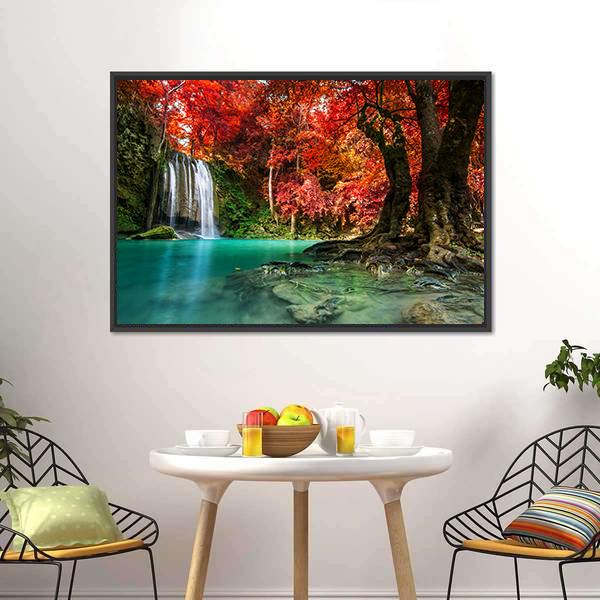 Autumn Erawan Waterfall Canvas Wall Art-1 Piece-Floating Frame-24" x 16"-Tiaracle