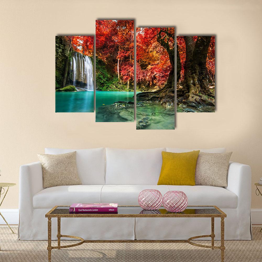 Autumn Erawan Waterfall Canvas Wall Art-4 Pop-Gallery Wrap-34" x 20"-Tiaracle