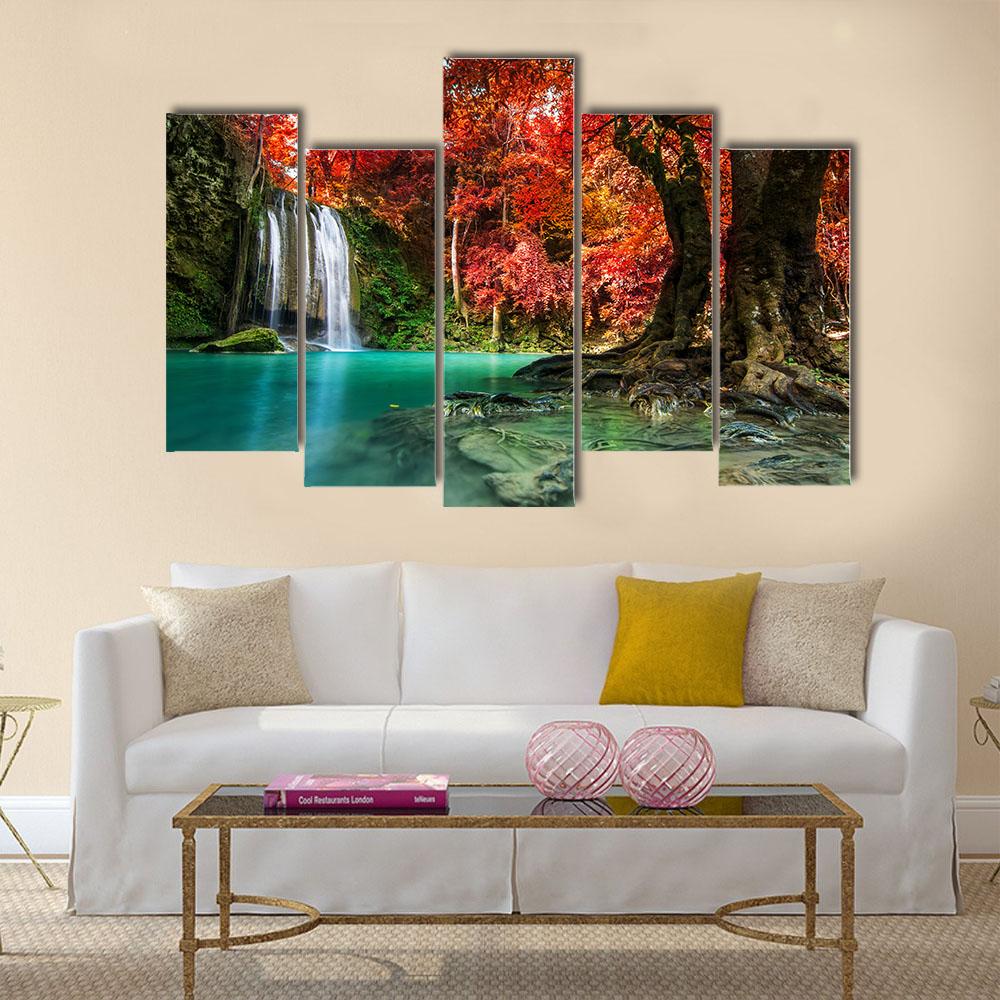 Autumn Erawan Waterfall Canvas Wall Art-5 Pop-Gallery Wrap-32" x 21"-Tiaracle