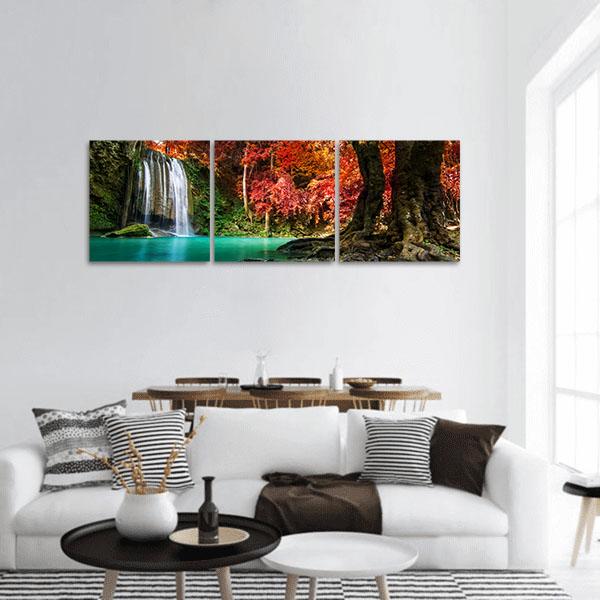 Autumn Erawan Waterfall Panoramic Canvas Wall Art-3 Piece-25" x 08"-Tiaracle
