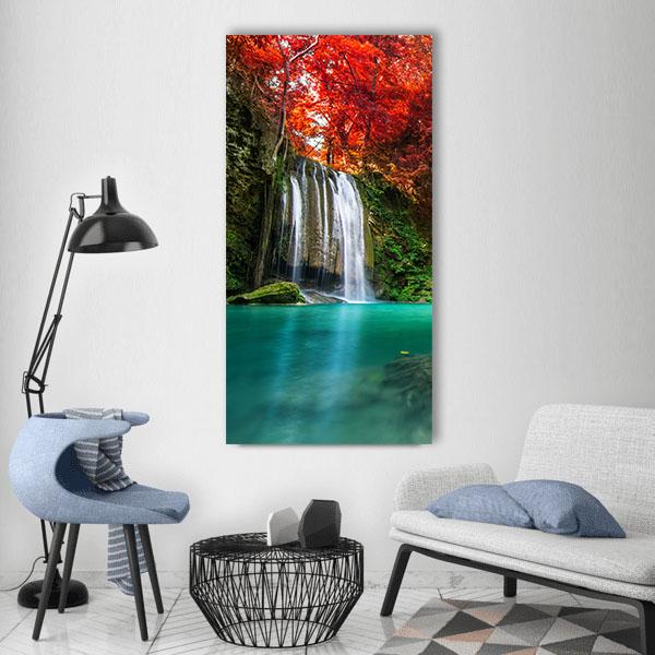 Autumn Erawan Waterfall Vertical Canvas Wall Art-3 Vertical-Gallery Wrap-12" x 25"-Tiaracle