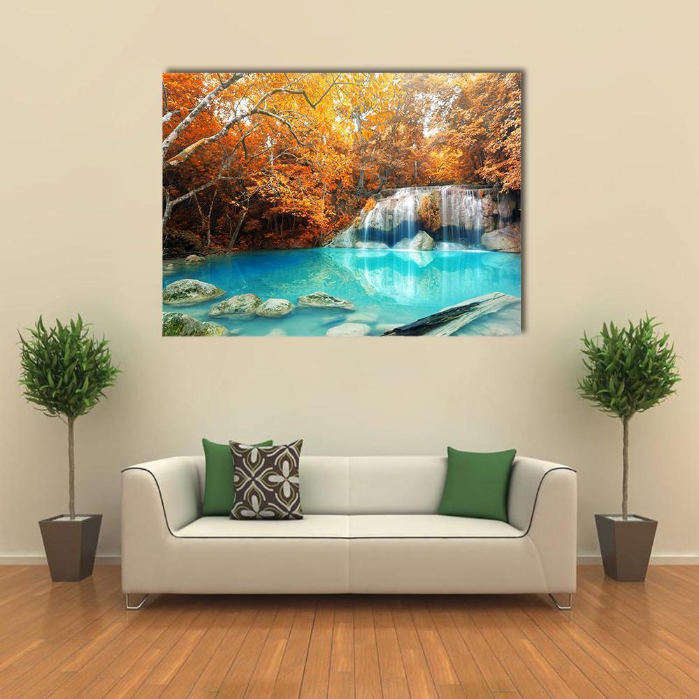 Erawan Waterfall In Autumn Canvas Wall Art-1 Piece-Gallery Wrap-48" x 32"-Tiaracle