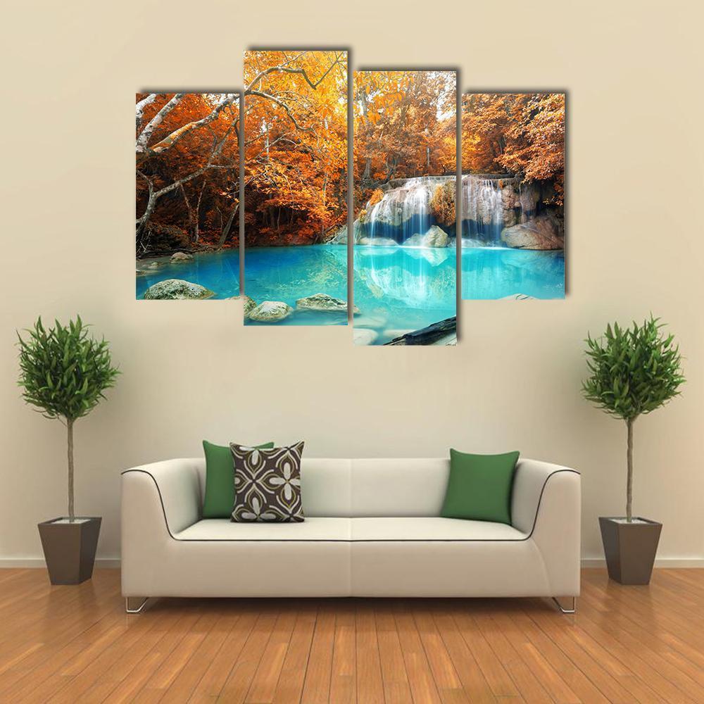 Erawan Waterfall In Autumn Canvas Wall Art-4 Pop-Gallery Wrap-50" x 32"-Tiaracle
