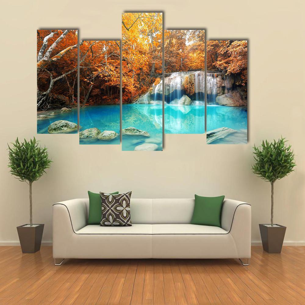 Erawan Waterfall In Autumn Canvas Wall Art-5 Pop-Gallery Wrap-47" x 32"-Tiaracle