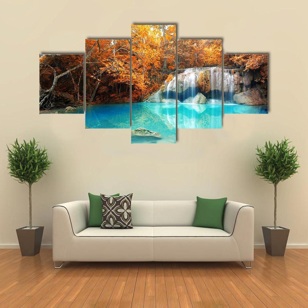 Erawan Waterfall In Autumn Canvas Wall Art-5 Star-Gallery Wrap-62" x 32"-Tiaracle