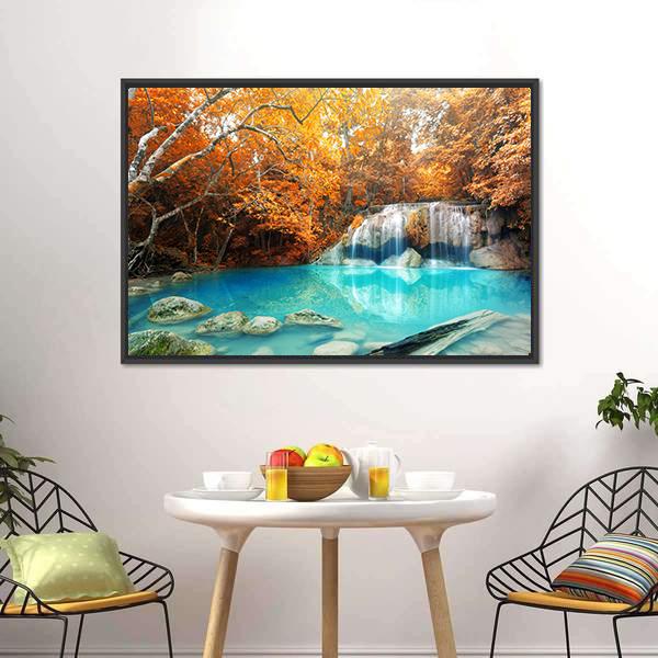 Erawan Waterfall In Autumn Canvas Wall Art-1 Piece-Floating Frame-24" x 16"-Tiaracle