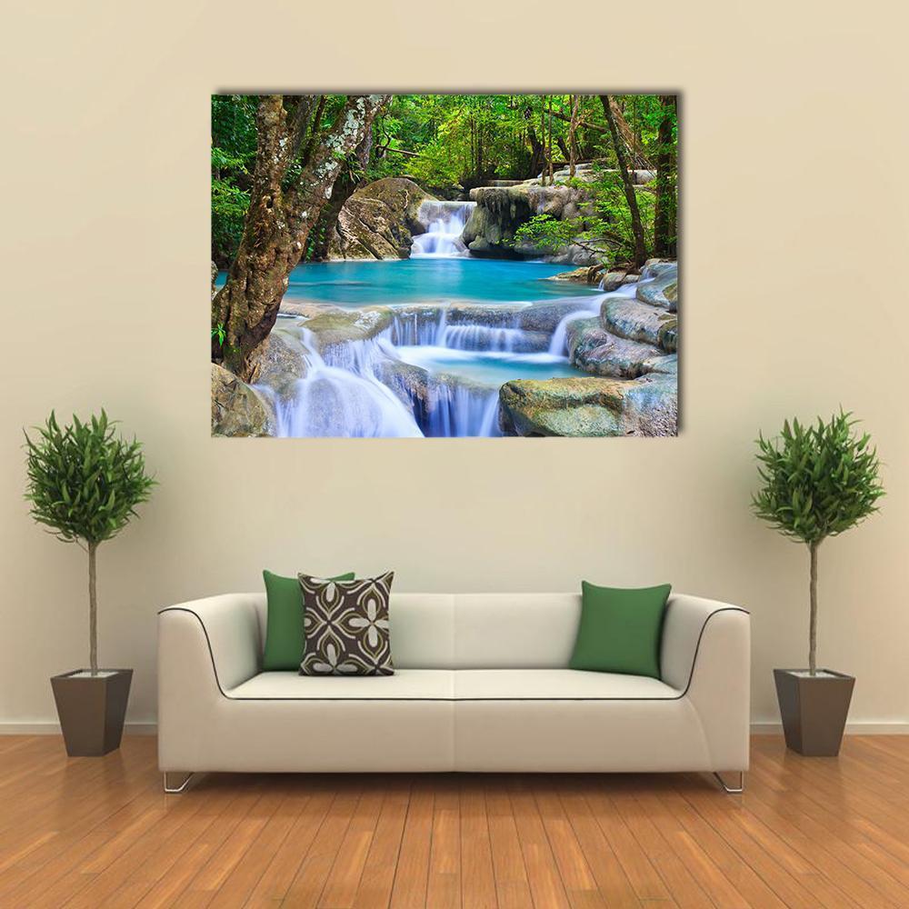Erawan Waterfall in Kanchanaburi Canvas Wall Art in gray, green and blue, single panel hung on a wall