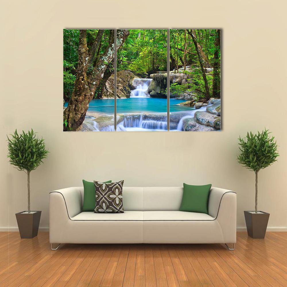 Erawan Waterfall In Kanchanaburi Canvas Wall Art-3 Horizontal-Gallery Wrap-37" x 24"-Tiaracle