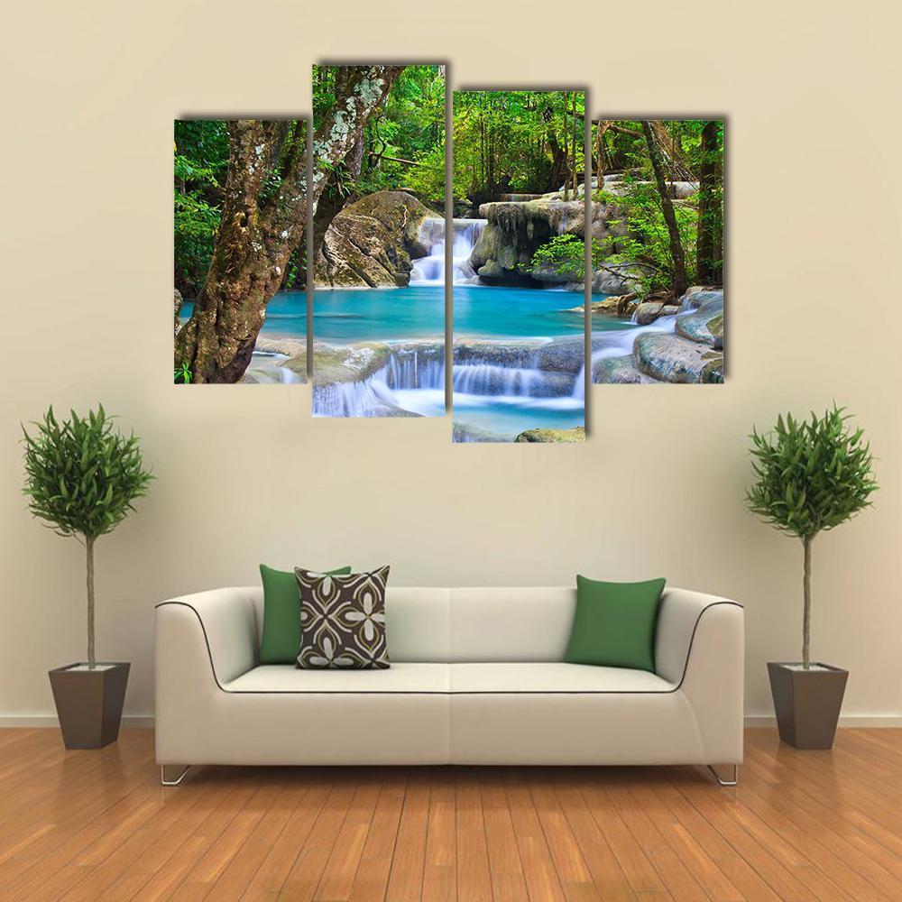 Erawan Waterfall In Kanchanaburi Canvas Wall Art-4 Pop-Gallery Wrap-50" x 32"-Tiaracle
