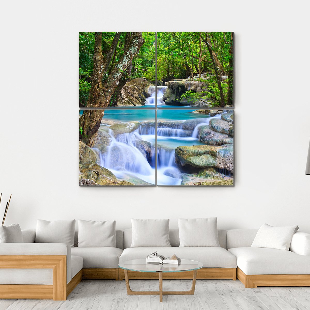 Erawan Waterfall In Kanchanaburi Canvas Wall Art-4 Square-Gallery Wrap-17" x 17"-Tiaracle