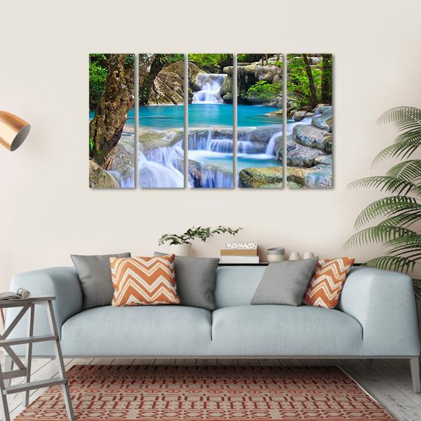 Erawan Waterfall In Kanchanaburi Canvas Wall Art-5 Horizontal-Gallery Wrap-22" x 12"-Tiaracle