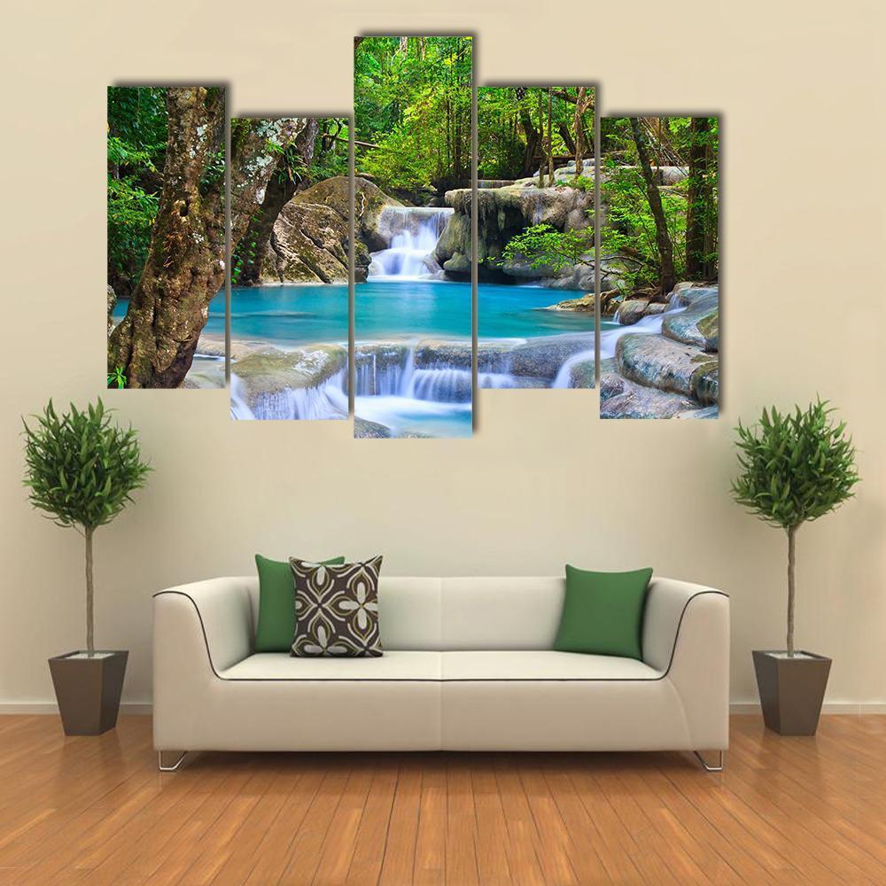 Erawan Waterfall In Kanchanaburi Canvas Wall Art-5 Pop-Gallery Wrap-47" x 32"-Tiaracle