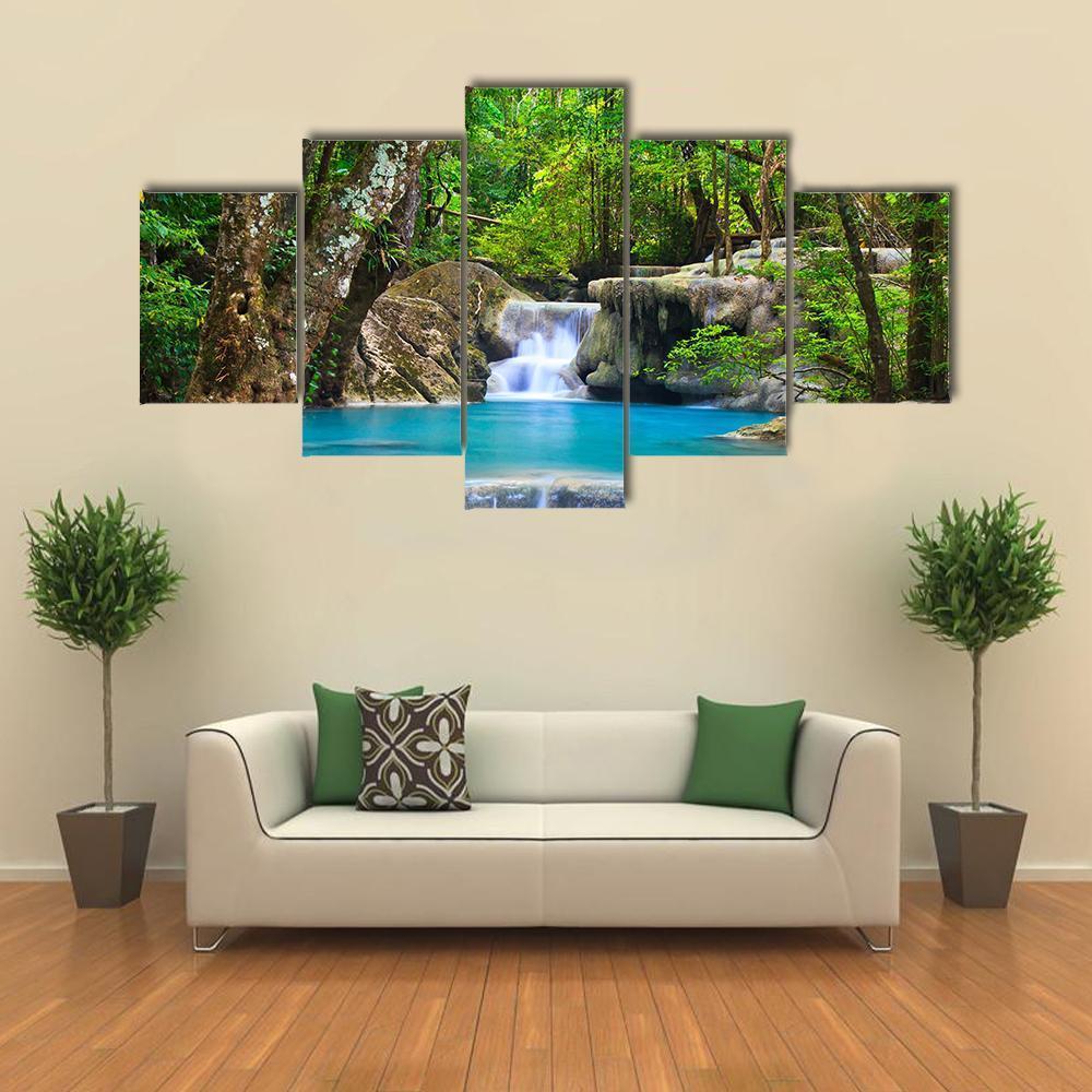 Erawan Waterfall In Kanchanaburi Canvas Wall Art-5 Star-Gallery Wrap-62" x 32"-Tiaracle
