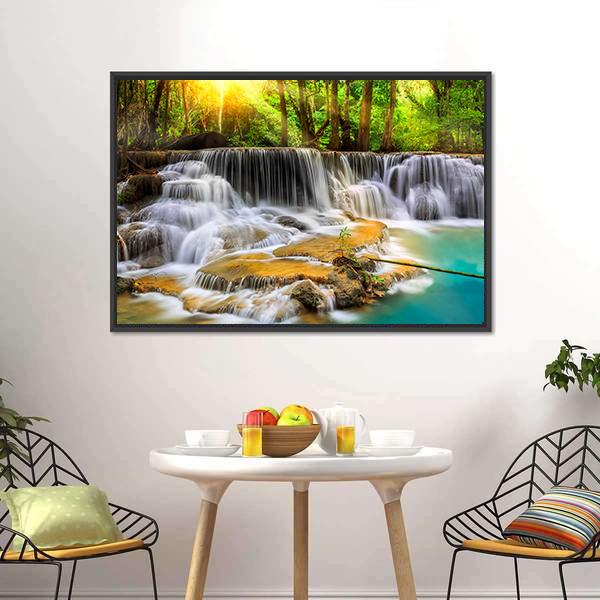 Erawan Waterfall in Thailand Canvas Wall Art-1 Piece-Floating Frame-36" x 24"-Tiaracle