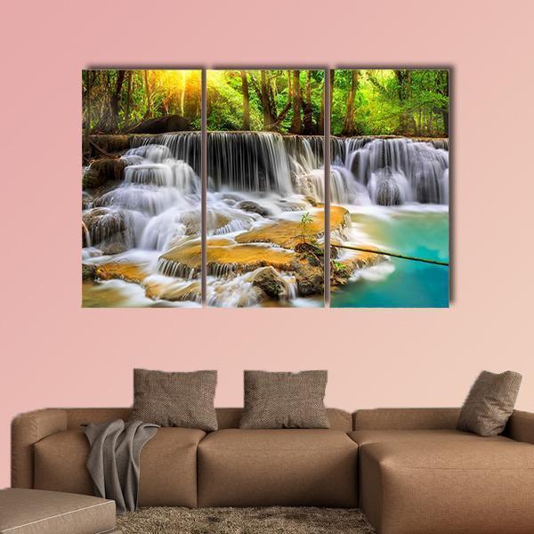 Erawan Waterfall in Thailand Canvas Wall Art-3 Horizontal-Gallery Wrap-37" x 24"-Tiaracle