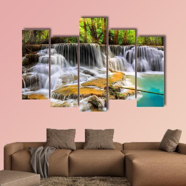 Erawan Waterfall in Thailand Canvas Wall Art-5 Pop-Gallery Wrap-47" x 32"-Tiaracle