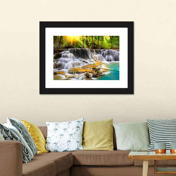 Erawan Waterfall in Thailand Canvas Wall Art-1 Piece-Framed Print-20" x 16"-Tiaracle