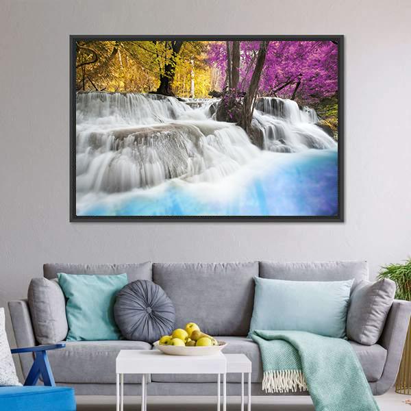 Erawan Waterfall Kanchanaburi Canvas Wall Art-1 Piece-Floating Frame-24" x 16"-Tiaracle