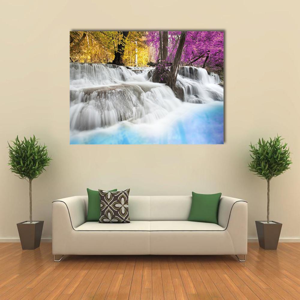 Erawan Waterfall Kanchanaburi Canvas Wall Art in white, blue and purple, single panel hung on a wall