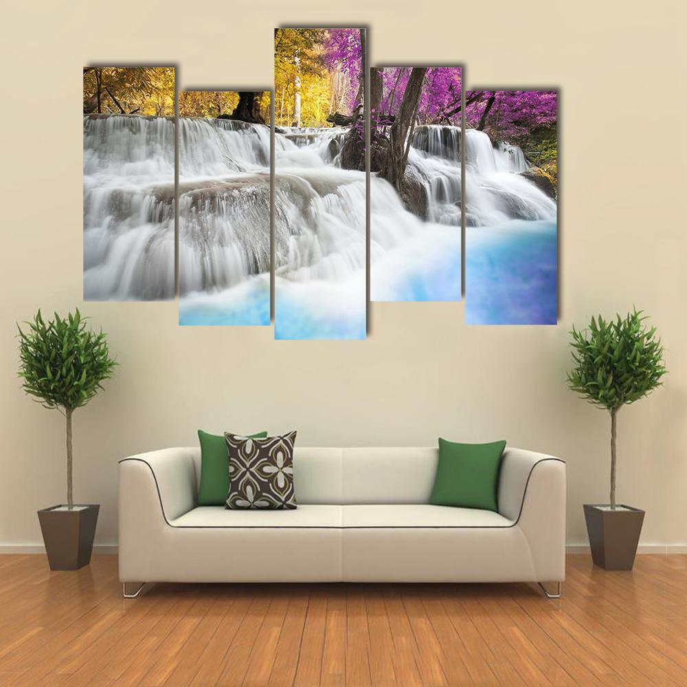 Erawan Waterfall Kanchanaburi Canvas Wall Art-5 Pop-Gallery Wrap-47" x 32"-Tiaracle