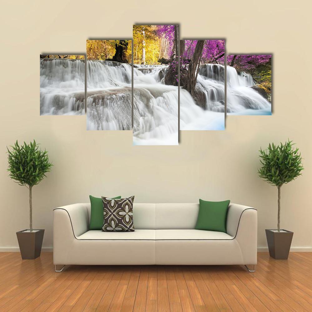 Erawan Waterfall Kanchanaburi Canvas Wall Art-5 Star-Gallery Wrap-62" x 32"-Tiaracle