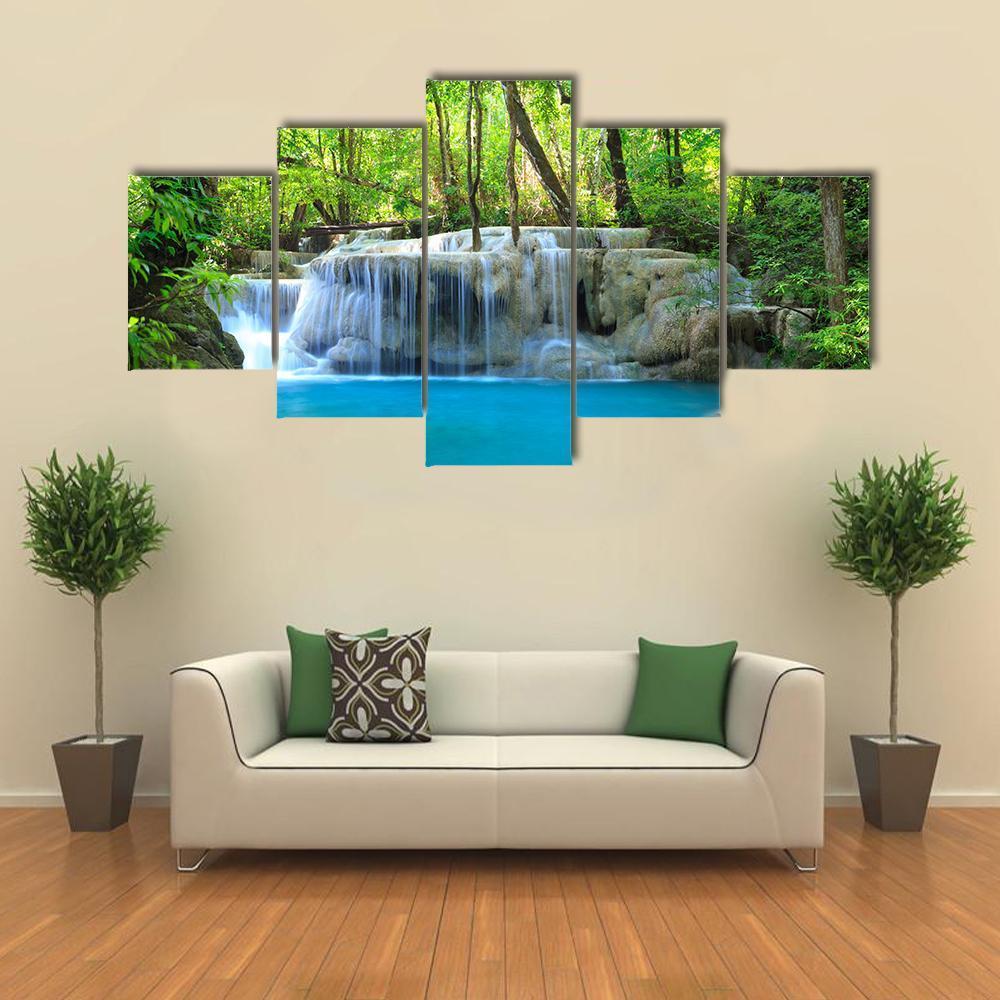 Erawan Waterfall Canvas Wall Art-5 Star-Gallery Wrap-62" x 32"-Tiaracle