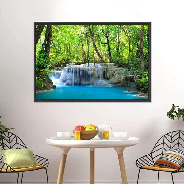 Erawan Waterfall Canvas Wall Art-1 Piece-Floating Frame-24" x 16"-Tiaracle