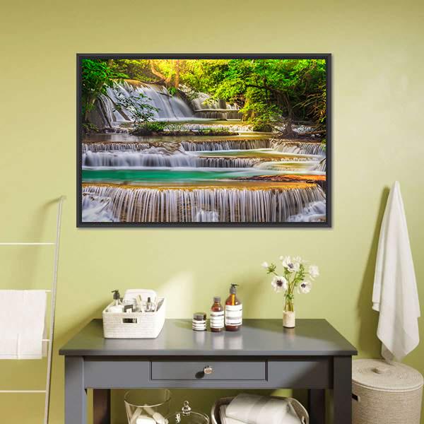 Erawan Waterfall, Thailand Canvas Wall Art in white, green and blue, framed canvas, product view on a white background