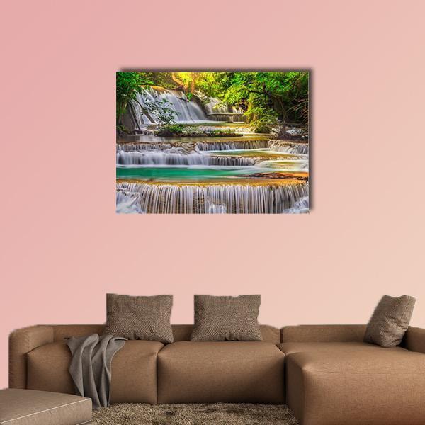 Erawan Waterfall, Thailand Canvas Wall Art in white, green and blue, single panel hung on a wall