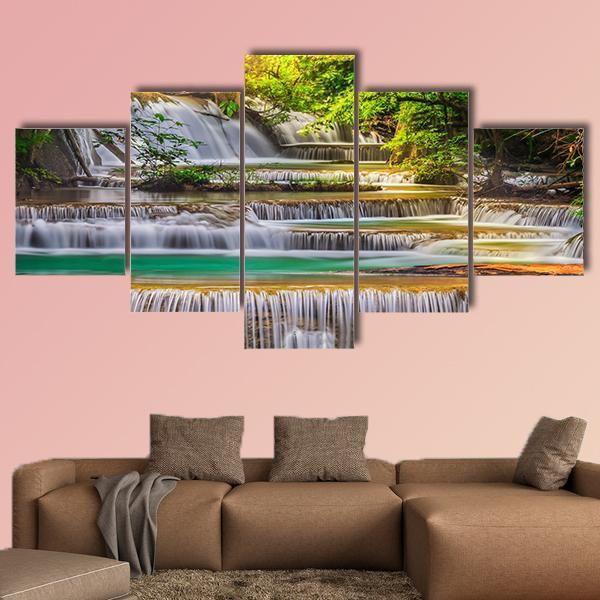 Erawan Waterfall Thailand Canvas Wall Art-5 Star-Gallery Wrap-62" x 32"-Tiaracle