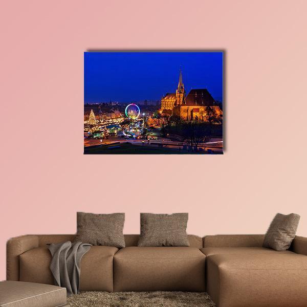 Erfurt Christmas Market at Night Canvas Wall Art in orange, yellow and blue, single panel hung on a wall