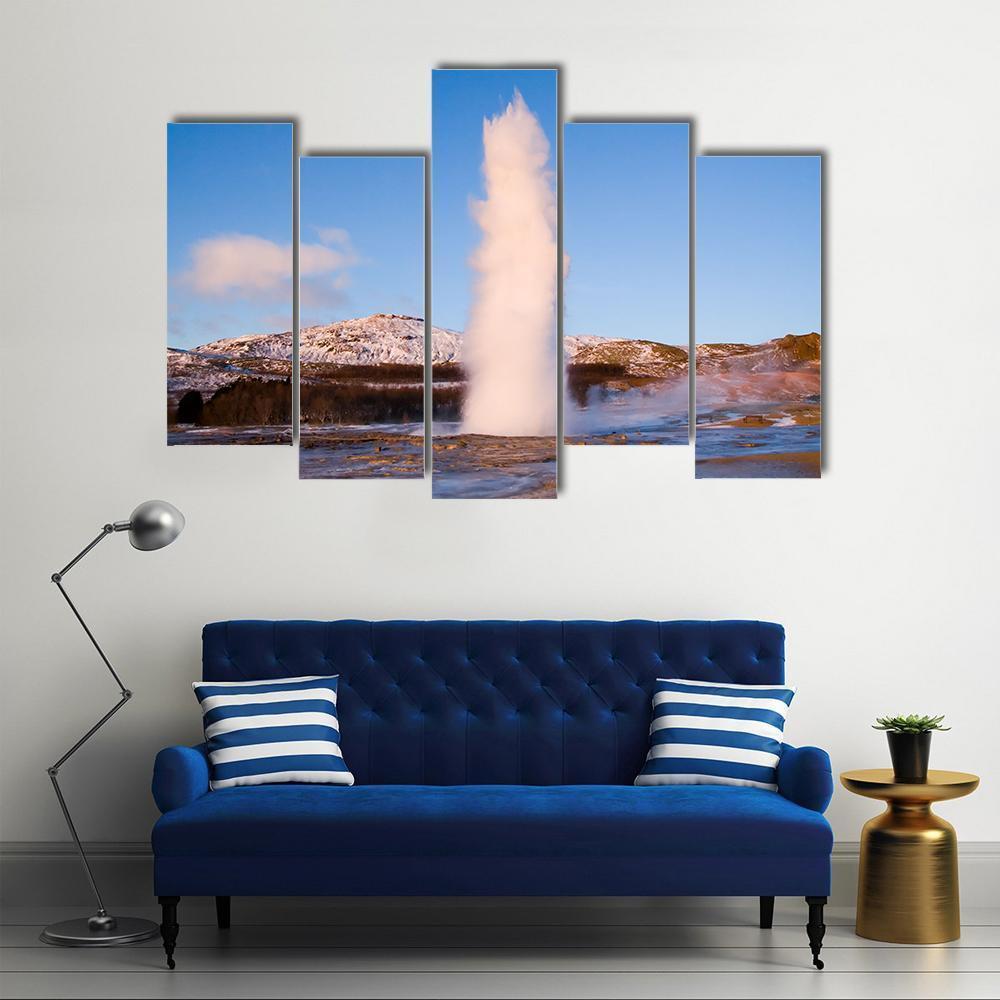 Erupting Geyser In Iceland Canvas Wall Art-5 Pop-Gallery Wrap-47" x 32"-Tiaracle