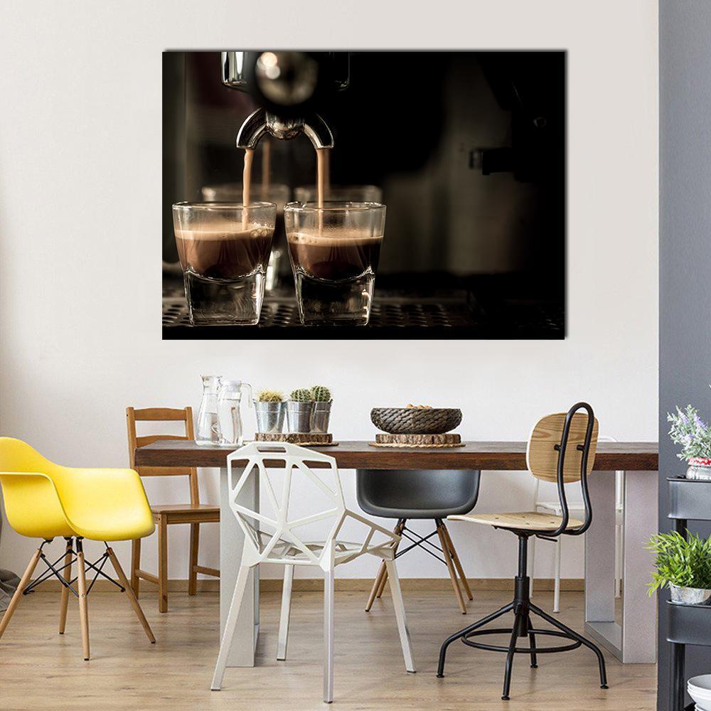Espresso Coffee Canvas Wall Art in black, brown and silver, single panel hung on a wall