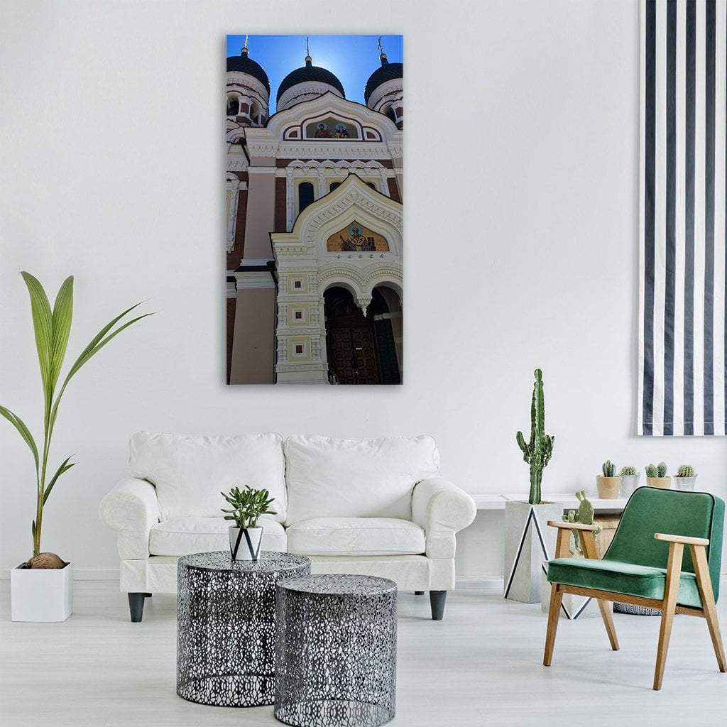 Alexander Nevsky Cathedral with Black Onion Domes Vertical Canvas Wall Art in black, beige and blue, single vertical panel hung on a wall