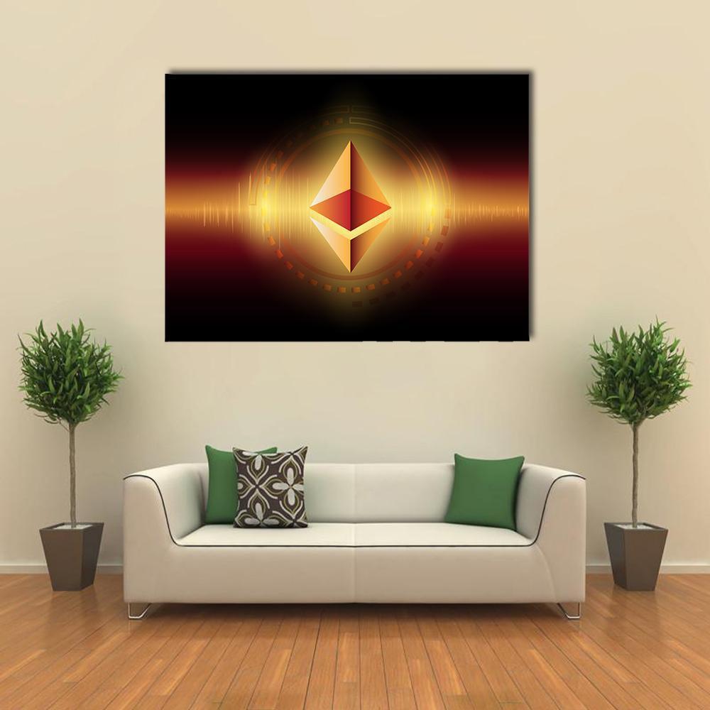 Golden Ethereum Symbol with Sound Wave Canvas Wall Art in black, gold and orange, 4 panel Pop layout hung on a wall