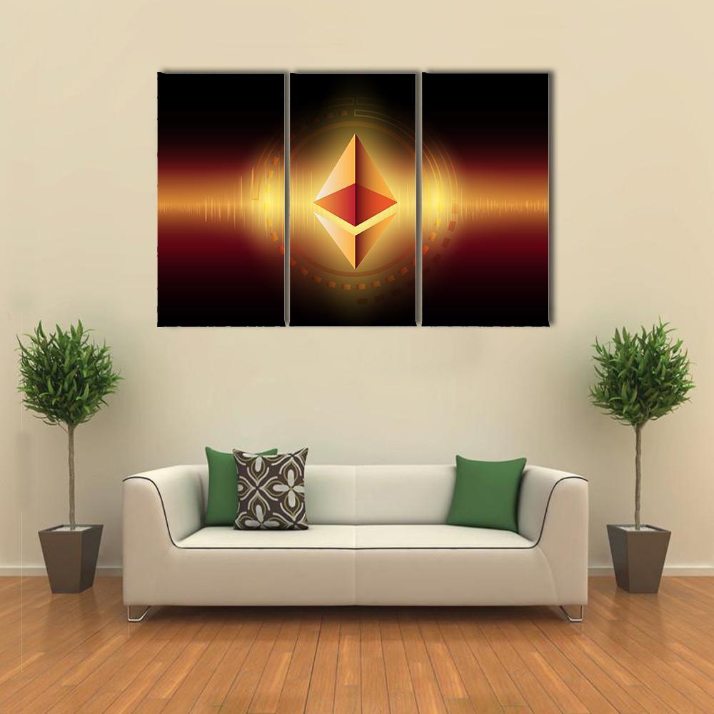 Golden Ethereum Symbol with Sound Wave Canvas Wall Art in black, gold and orange, 4 panel Pop layout hung on a wall