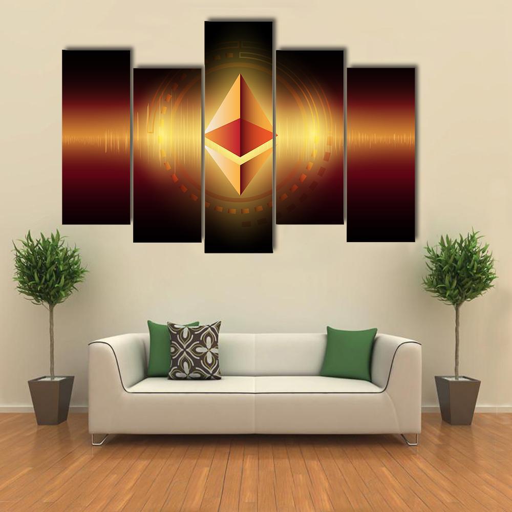Golden Ethereum Symbol with Sound Wave Canvas Wall Art in black, gold and orange, 5 panel Pop layout hung on a wall