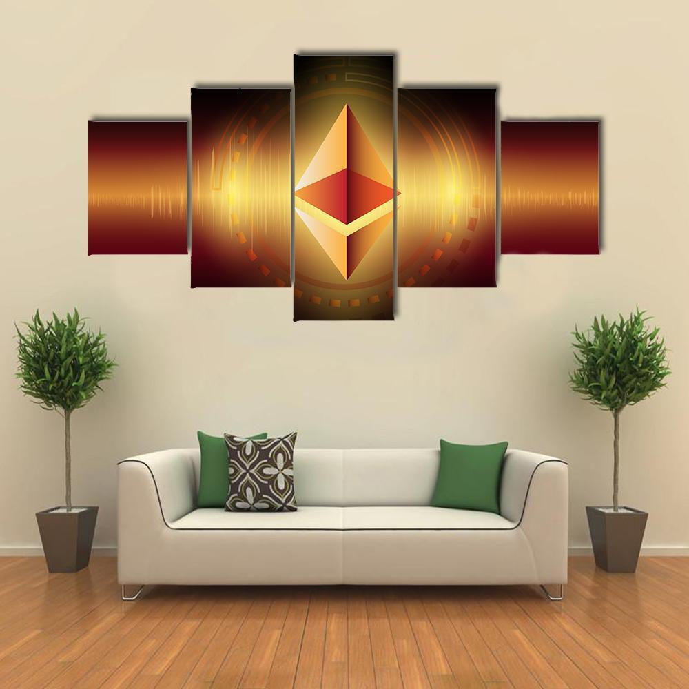 Golden Ethereum Symbol with Sound Wave Canvas Wall Art in black, gold and orange, 4 panel Pop layout hung on a wall