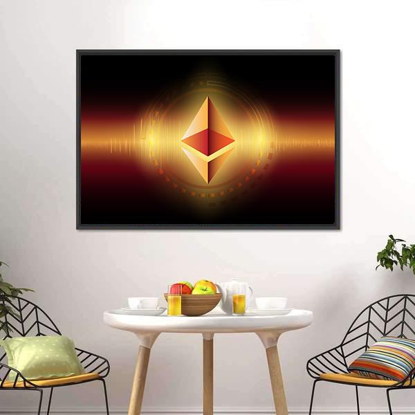 Golden Ethereum Symbol with Sound Wave Canvas Wall Art in black, gold and orange, framed canvas, product view on a white background