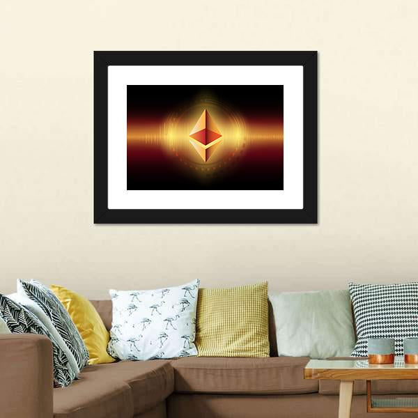 Golden Ethereum Symbol with Sound Wave Canvas Wall Art in black, gold and orange, 4 panel Pop layout hung on a wall