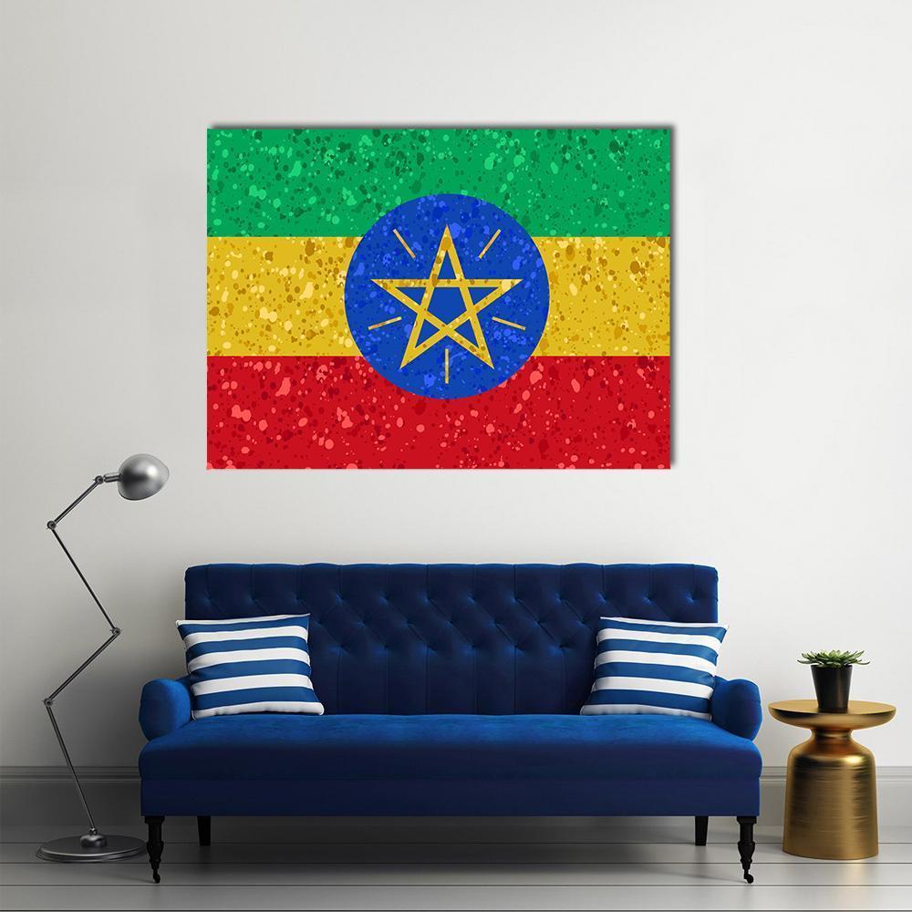 Ethiopian Flag with Distressed Texture Canvas Wall Art in red, yellow and green, single panel hung on a wall