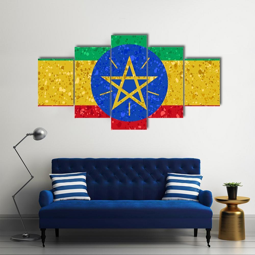 Ethiopian Flag Canvas Wall Art-5 Star-Gallery Wrap-62" x 32"-Tiaracle