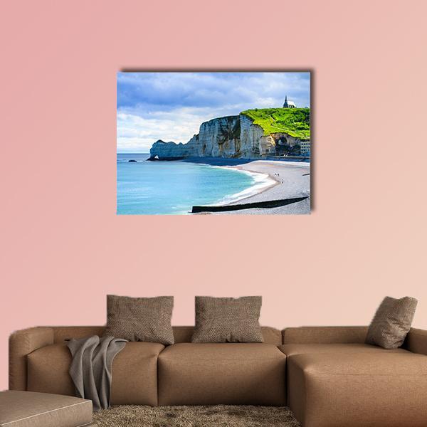 Etretat Cliff And Church Landmark And Its Beach On Morning Canvas Wall Art-4 Horizontal-Gallery Wrap-34" x 24"-Tiaracle