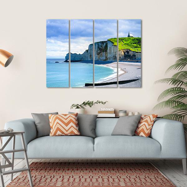 Etretat Cliff And Church Landmark And Its Beach On Morning Canvas Wall Art-4 Horizontal-Gallery Wrap-34" x 24"-Tiaracle