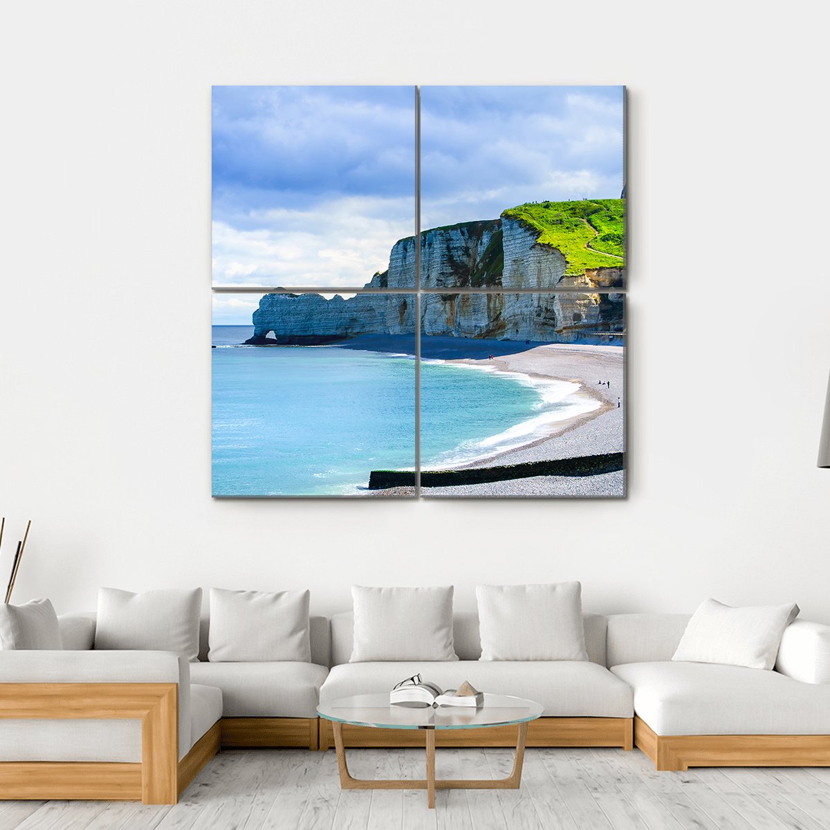 Etretat Cliff And Church Landmark And Its Beach On Morning Canvas Wall Art-4 Square-Gallery Wrap-17" x 17"-Tiaracle