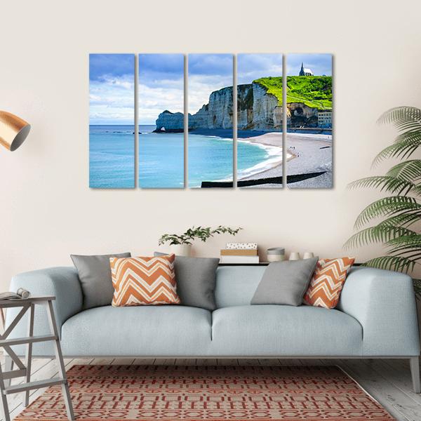 Etretat Cliff And Church Landmark And Its Beach On Morning Canvas Wall Art-5 Horizontal-Gallery Wrap-22" x 12"-Tiaracle